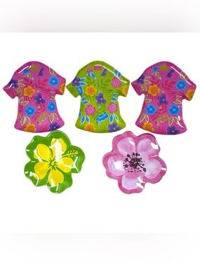 3 Aloha Hawaiian shirt and 6 hibiscus flower melamine luau party serving plates